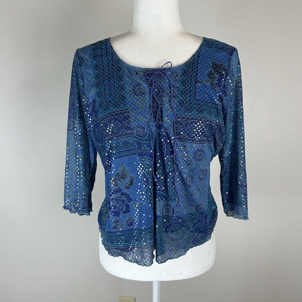 Vintage Large Y2K Top Sequin Patchwork Blouse Lattice Eclectic Dopamine Dressing